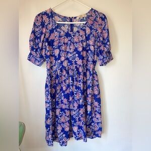 LOFT Blue Floral Dress with Pink and Cream Blooms